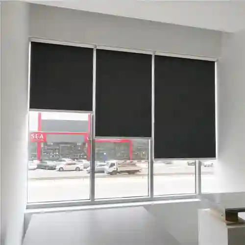 Blackout roller blinds for large glass windows.