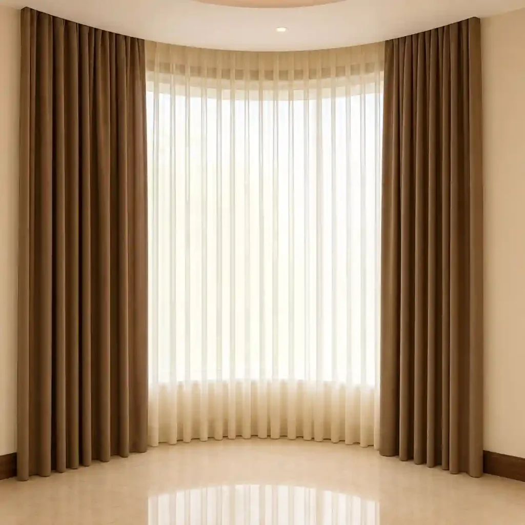 Brown floor-length curtains with white sheer fabric fitted around a bay window.