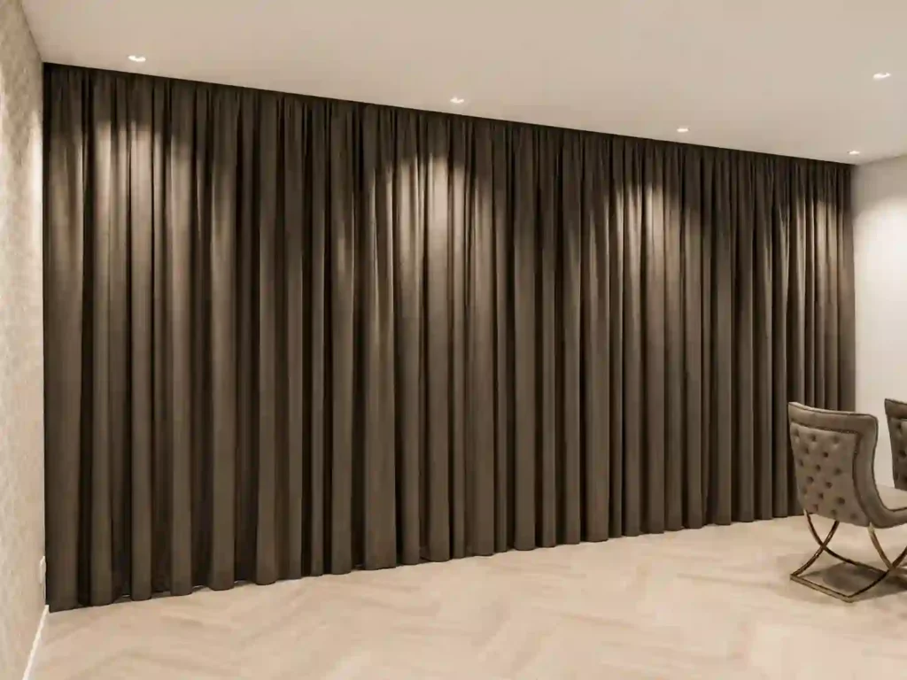 Elegant blackout curtains in Riyadh installed in a modern interior space.