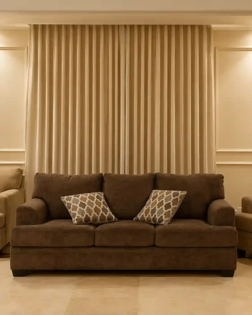 Brown fabric sofa with cushions against a warm wooden slat wall.
