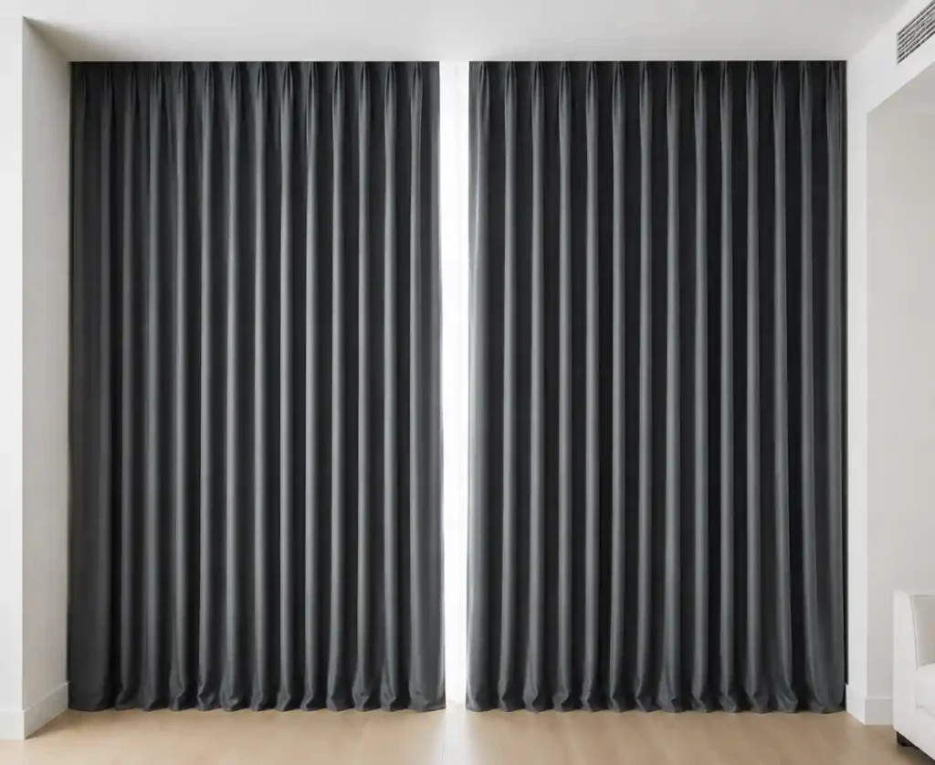 Charcoal blackout curtain panels covering a modern window.