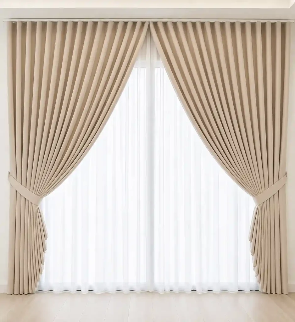 Classic cream curtains in Saudi Arabia with elegant side drapes and white sheer fabric.
