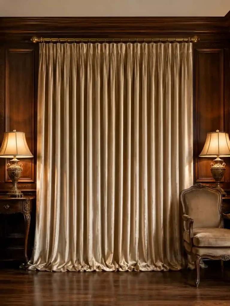 Elegant gold blackout curtains in Riyadh for a luxury bedroom window.