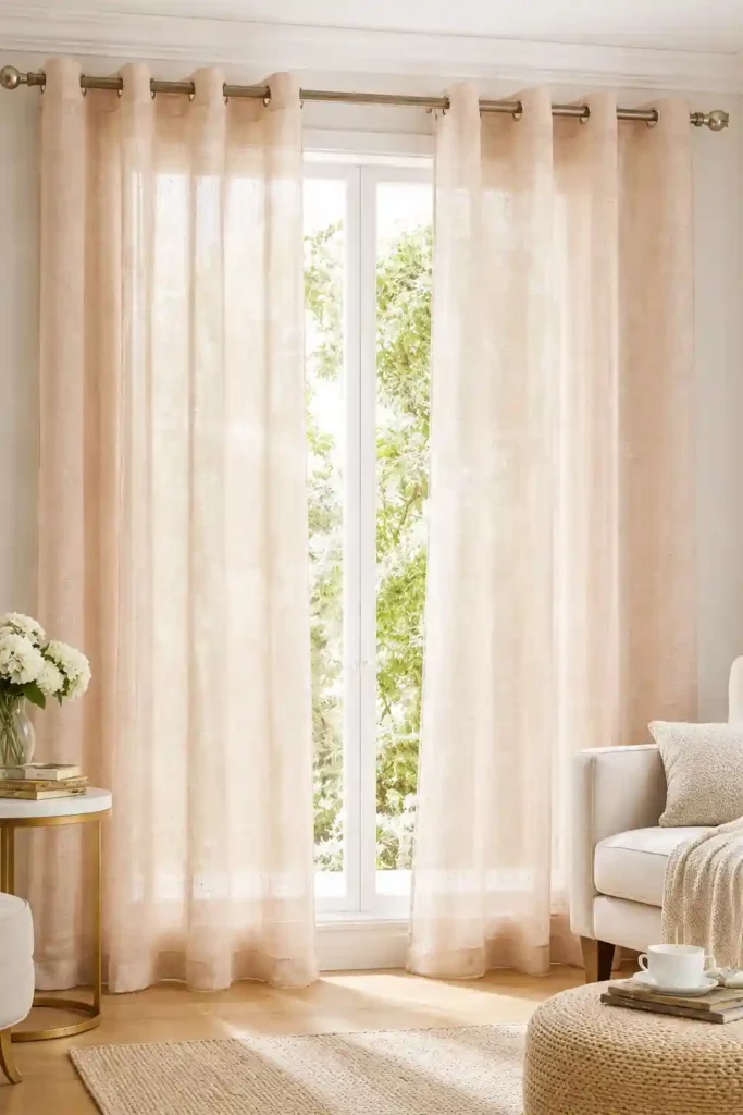 Cream bedroom curtains with soft natural lighting.