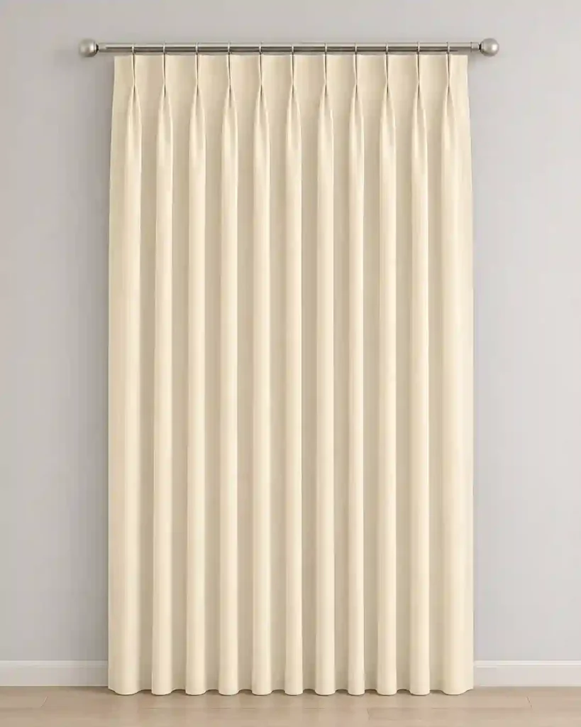 Cream pinch pleat curtain in Saudi Arabia with a neat custom-made finish.