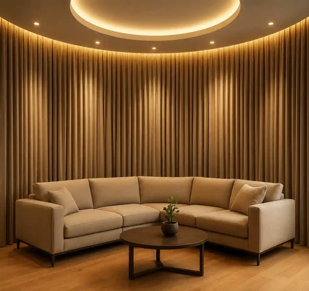 Luxury curved living room with wooden panel walls and beige sectional sofa.
