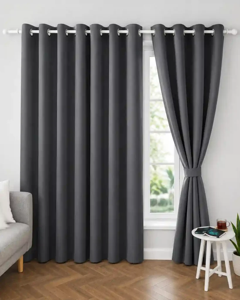 Dark grey eyelet curtains with a side tieback.