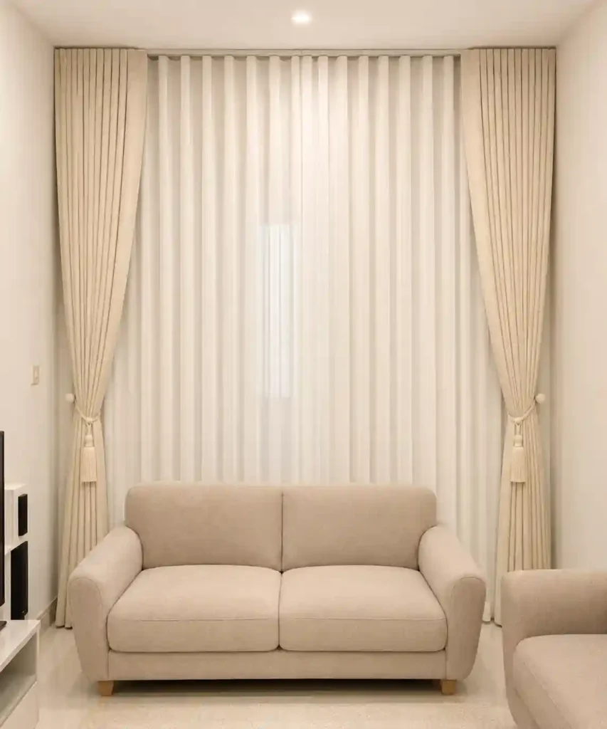 Elegant curtains behind a modern sofa.