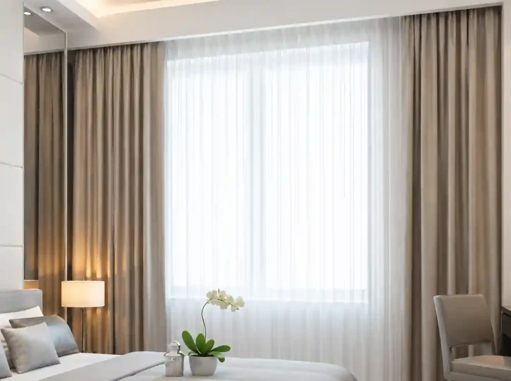 Grey blackout curtains for improved privacy.