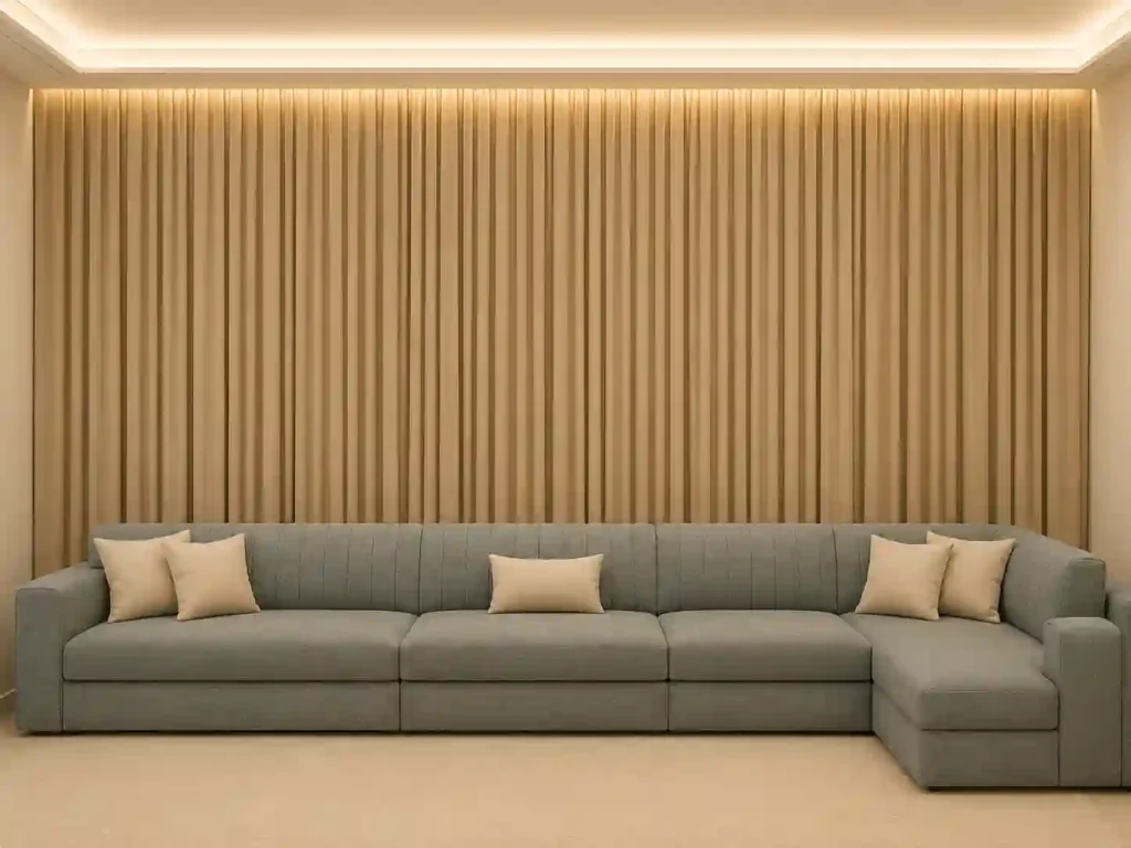 Contemporary grey sectional sofa placed against a vertical wooden panel wall.