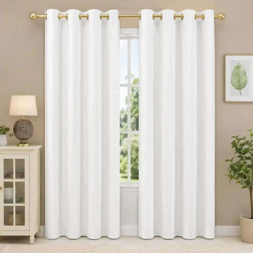 Ivory eyelet curtains beside a bright window.