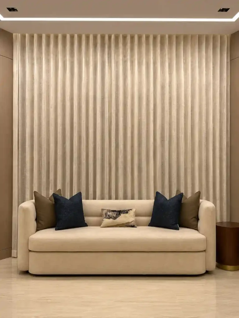 Minimal beige living room with sofa and illuminated vertical slat wall.