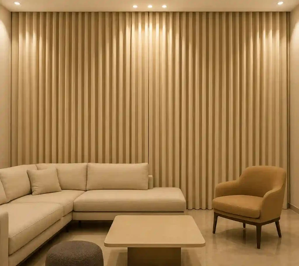 Modern beige living room with vertical wooden slat wall and matching furniture.