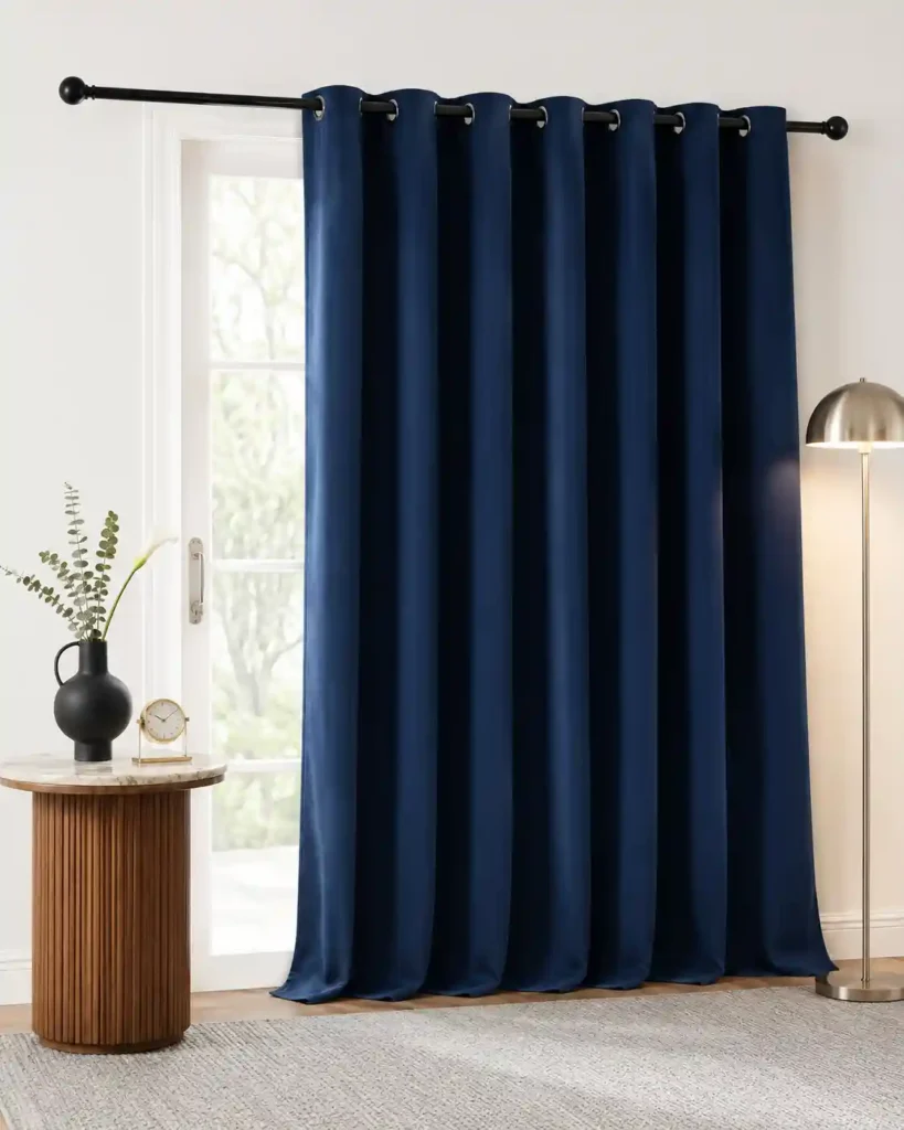 Navy blue blackout curtain panels in a modern room.