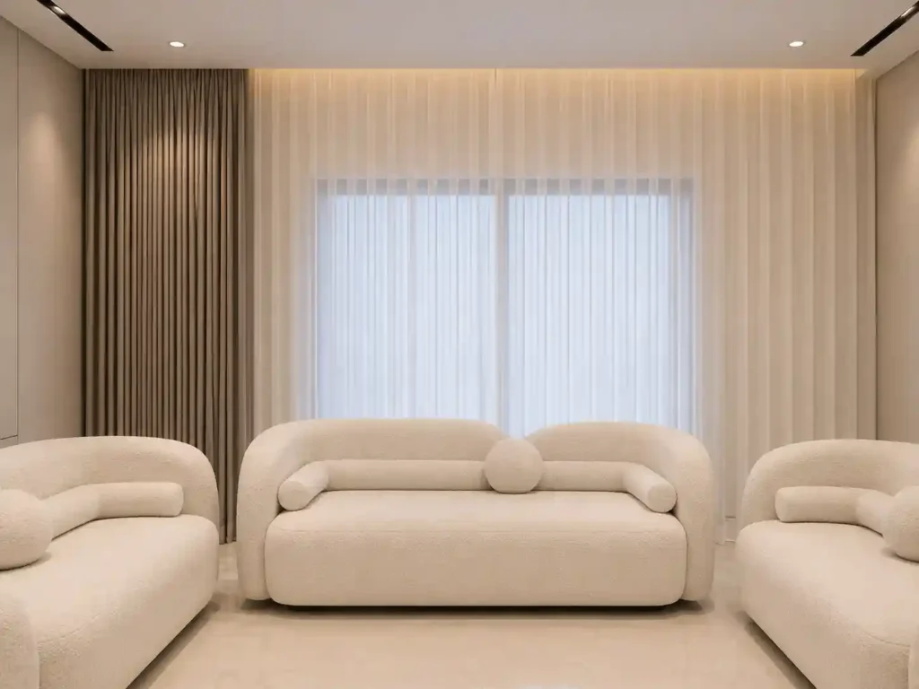 Neutral living room with cream sofas and decorative vertical wall panels,