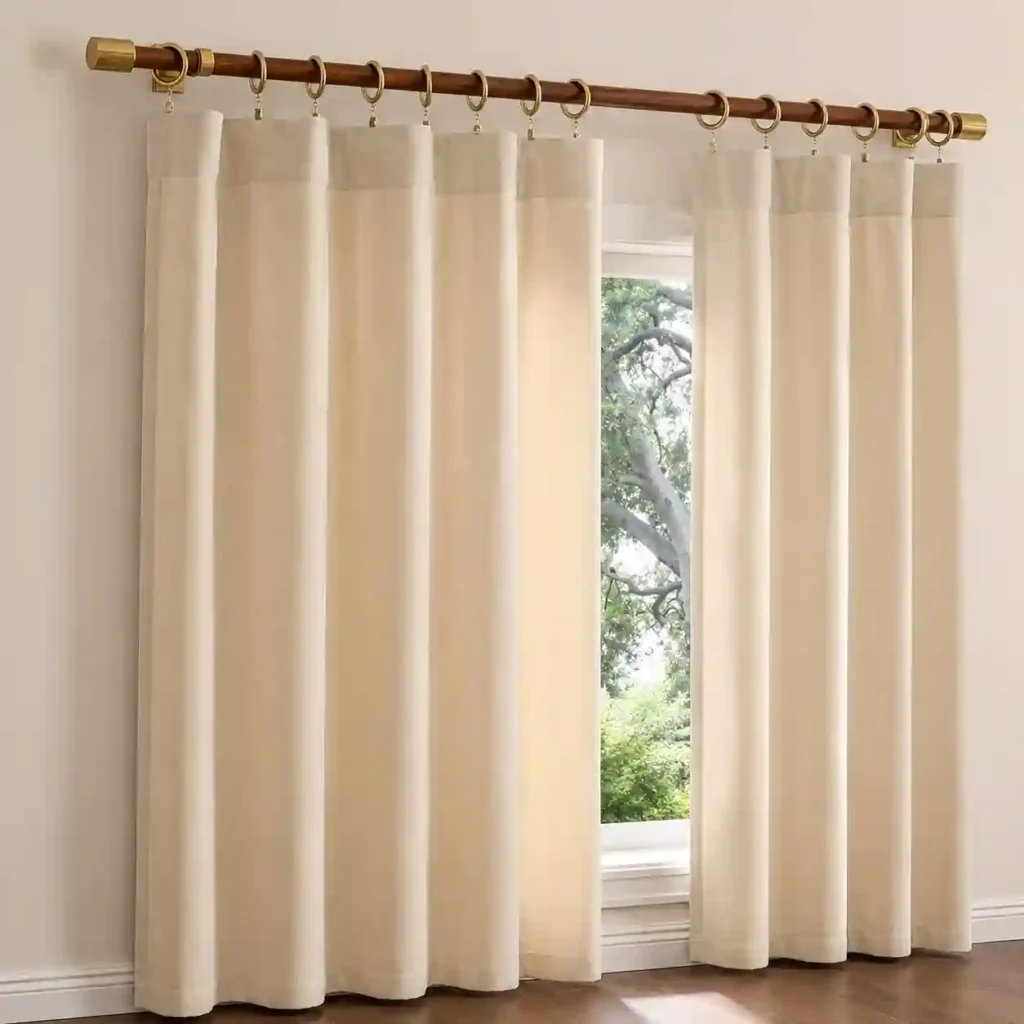 Premium beige curtains installed with a wooden curtain rod by trusted curtain companies in Saudi Arabia.