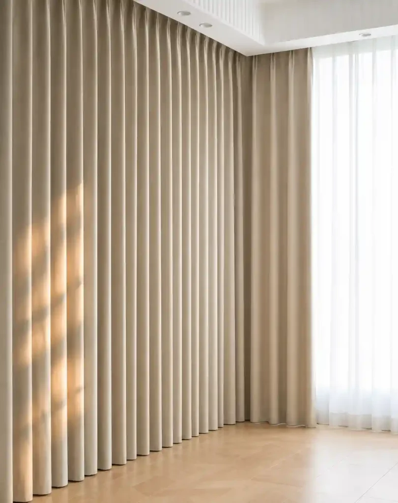 Premium beige window curtains with white sheer curtains installed in a modern interior.