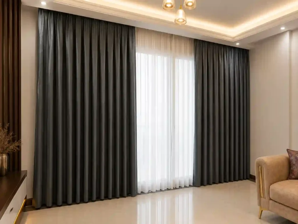 Premium blackout curtains in Riyadh with sheer curtain for modern living room.