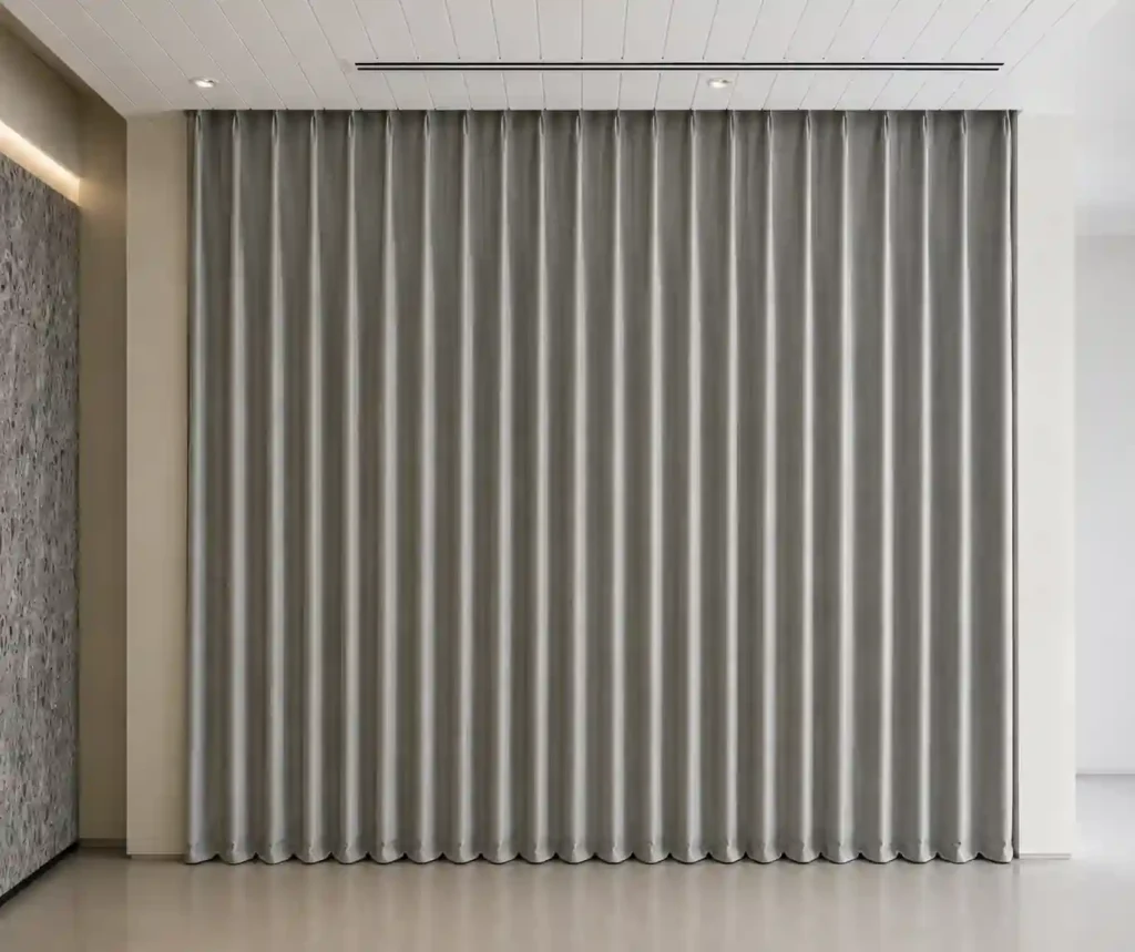 Silver full-wall curtains installed in a modern office interior.