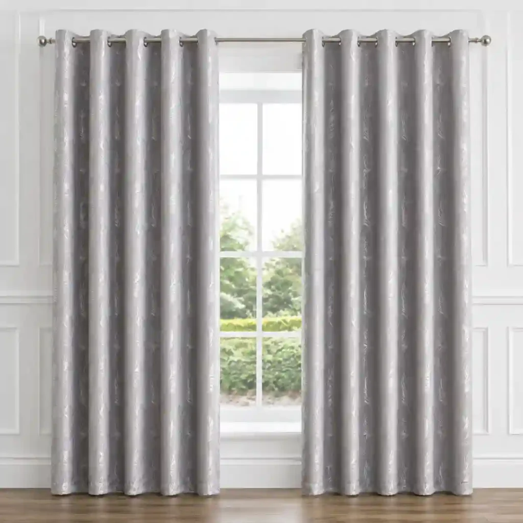 Silver jacquard eyelet curtains in Saudi Arabia with an elegant fabric finish.