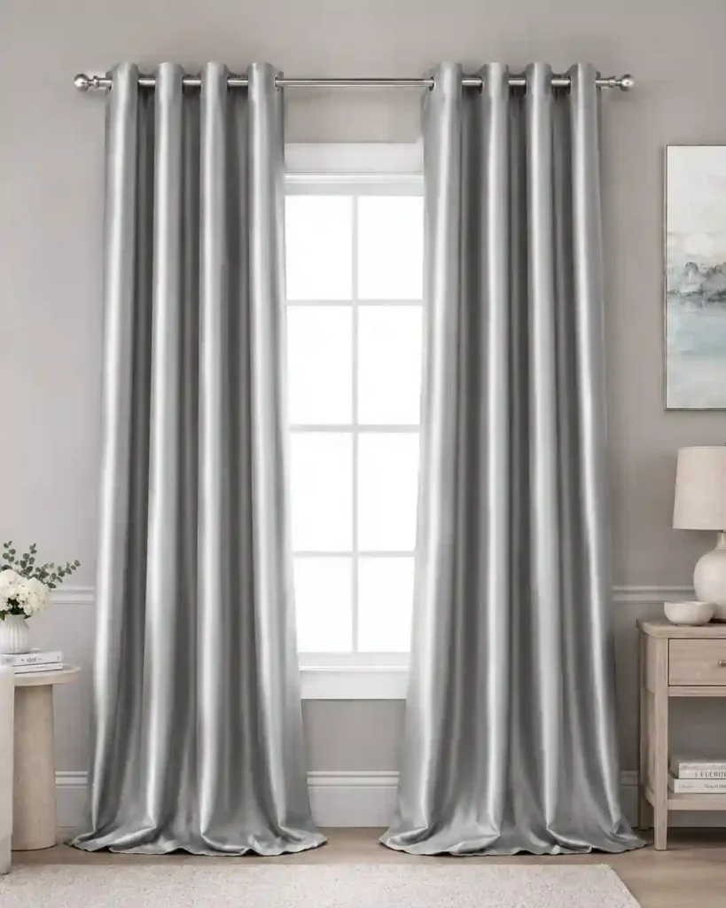 Silver satin curtains beside a bedroom window.