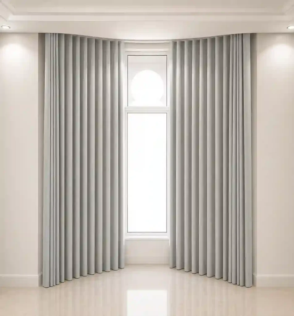Soft grey floor-length curtains surrounding a narrow bedroom window.