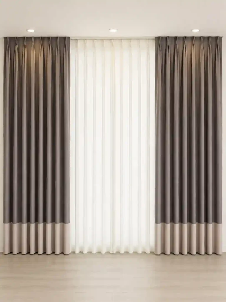 Two-tone dark grey curtains with white sheer fabric and floor-length pleats.