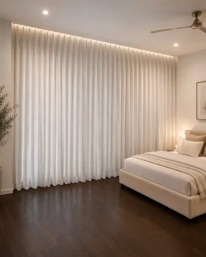 White full wall curtains in a cozy bedroom.