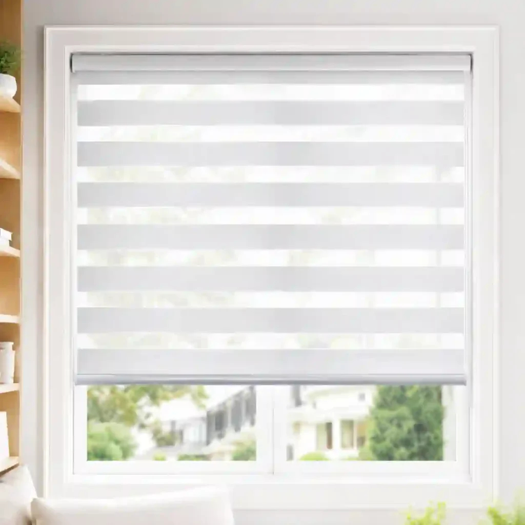 White zebra blind installed on a modern home window.