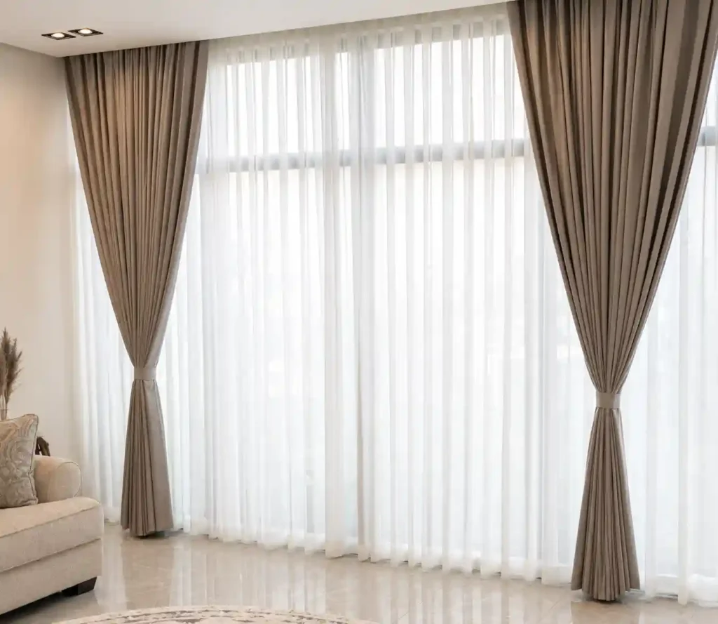 Wide living-room window fitted with brown curtains in Saudi Arabia and white sheer panels.