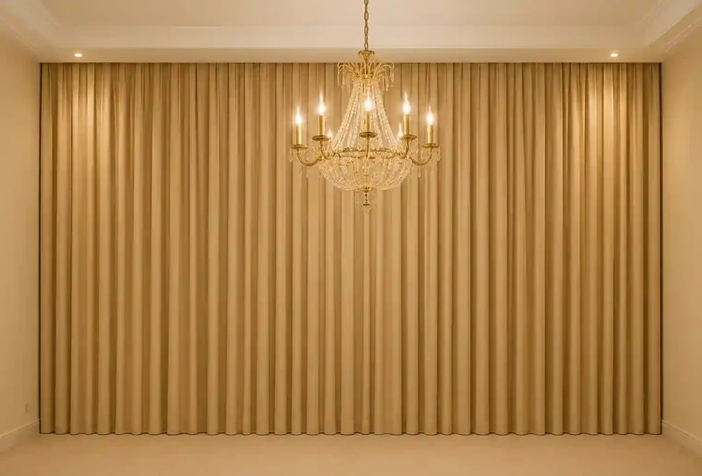 Vertical wooden feature wall with decorative chandelier and warm lighting.