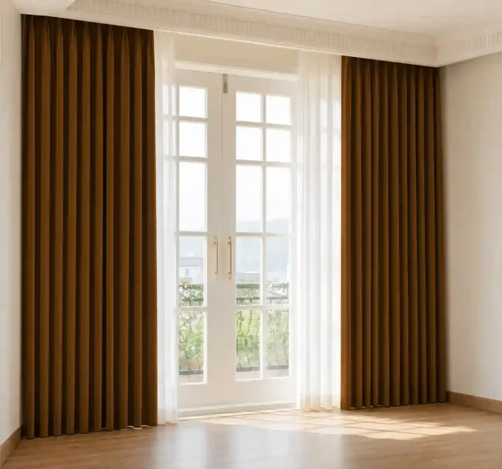 Full-length curtains installed around a corner window.