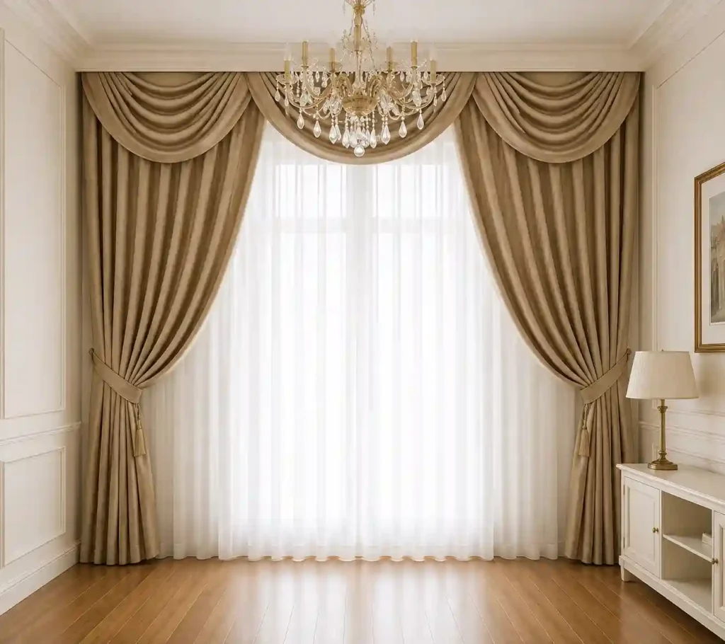 Luxury beige curtains with layered swag valance and tie-backs.