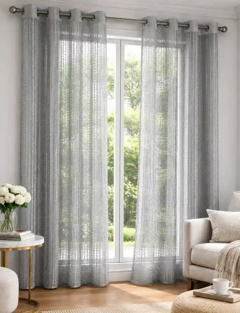 Sheer white curtains covering a tall window beside a chair.