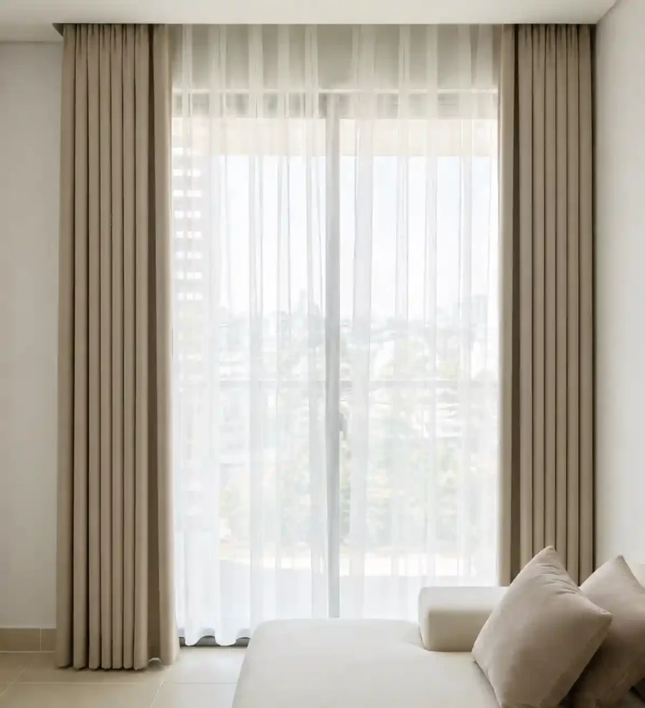 White sheer curtains installed over a large modern window.